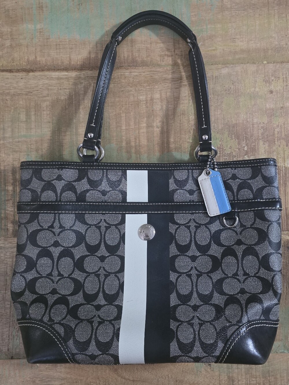 Coach Chelsea Heritage Stripe Tote Bag Purse 14477 Black Gray Signature